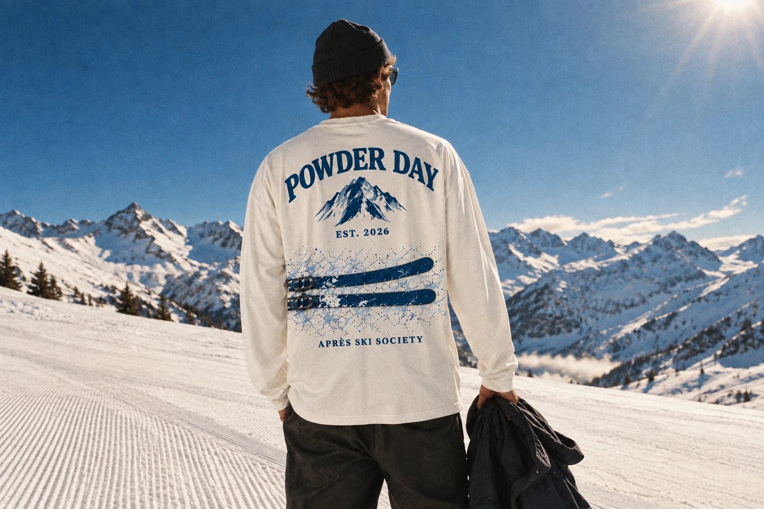 Skiër op een zonnige piste in de Ski Wrap longsleeve, van achteren, jas in de hand